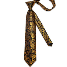 Black Golden Floral Men's Tie Handkerchief Cufflinks Clip Set