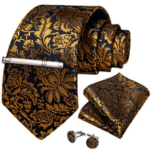 Black Golden Floral Men's Tie Handkerchief Cufflinks Clip Set