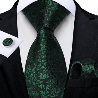 Black Green Floral Men's Tie Handkerchief Cufflinks Set