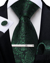 Black Green Floral Men's Tie Handkerchief Cufflinks Clip Set