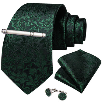 Black Green Floral Men's Tie Handkerchief Cufflinks Clip Set