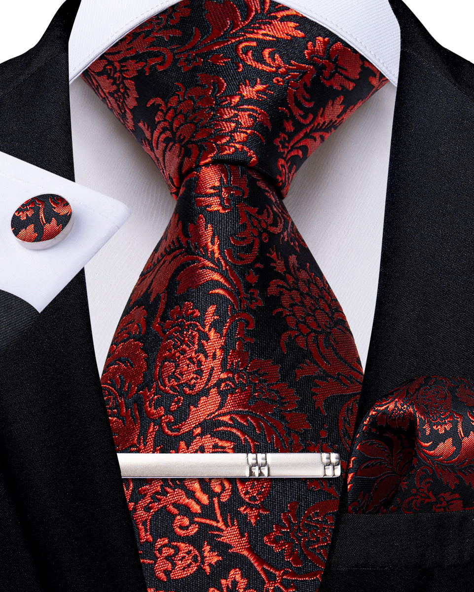 Blakc Red Floral Men's Tie Handkerchief Cufflinks Clip Set
