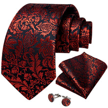 Black Red Floral Men's Tie Pocket Square Cufflinks Set