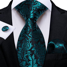 Black Teal Floral Men's Tie Pocket Square Cufflinks Set