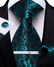 Black Teal Floral Men's Tie Handkerchief Cufflinks Clip Set