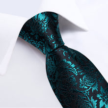 Black Teal Floral Men's Tie Handkerchief Cufflinks Clip Set