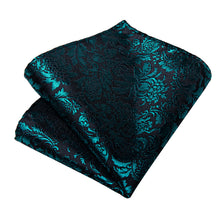 Black Teal Floral Men's Tie Pocket Square Cufflinks Set