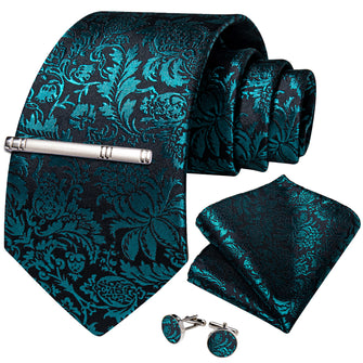 Black Teal Floral Men's Tie Handkerchief Cufflinks Clip Set