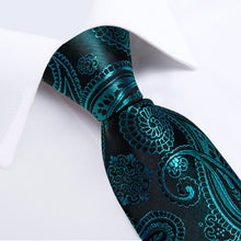 Black Teal Paisley Men's Tie Pocket Square Cufflinks Set