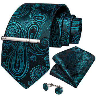 Black Teal Paisley Men's Tie Handkerchief Cufflinks Clip Set
