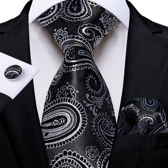 Black Silver Paisley Men's Tie Pocket Square Cufflinks Set