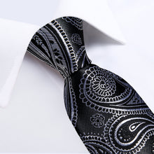 Black Silver Paisley Men's Tie Handkerchief Cufflinks Clip Set
