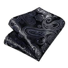 Black Silver Paisley Men's Tie Handkerchief Cufflinks Clip Set