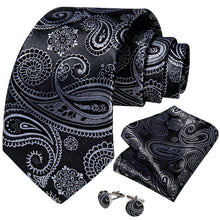 Black Silver Paisley Men's Tie Pocket Square Cufflinks Set
