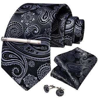 Black Silver Paisley Men's Tie Handkerchief Cufflinks Clip Set