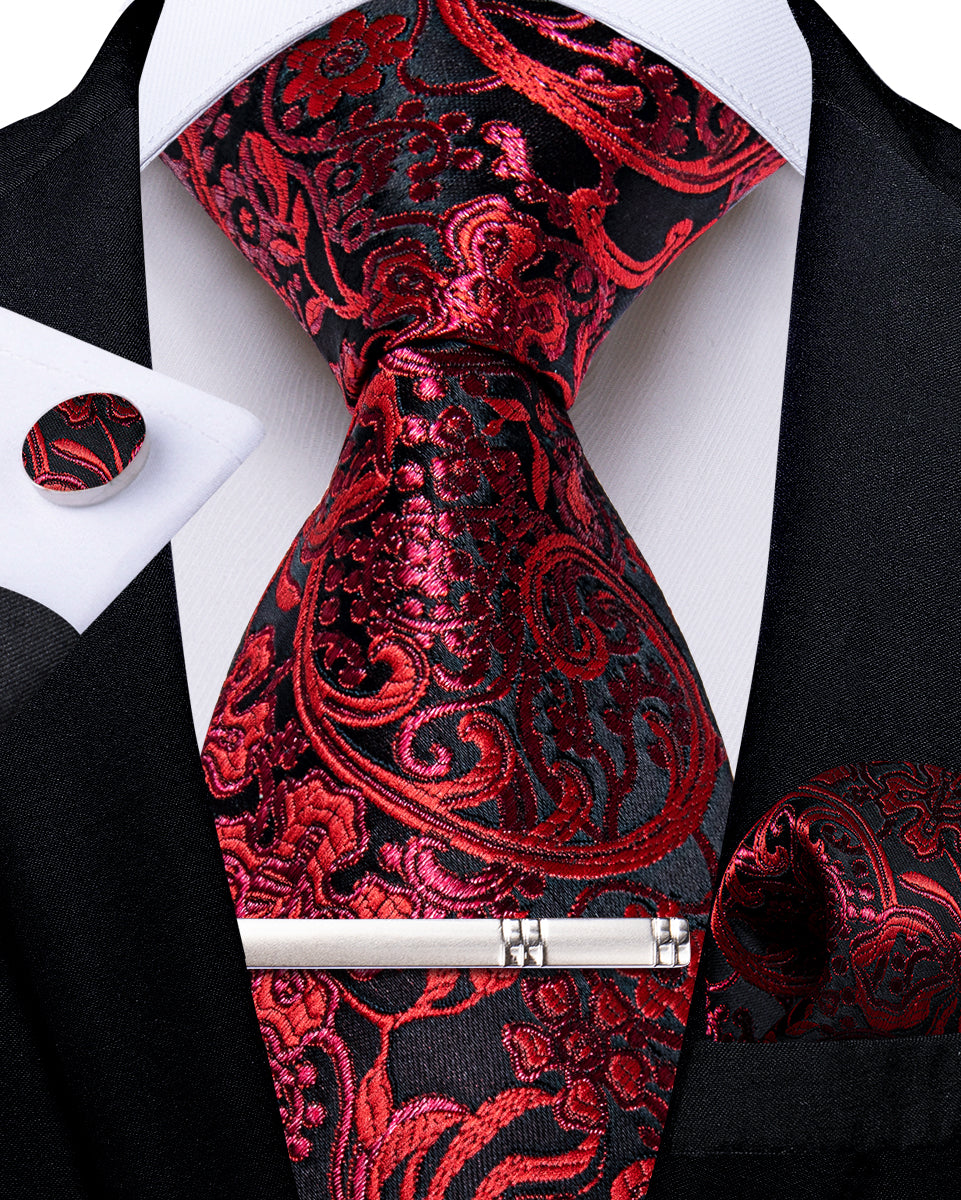 Black Red Floral Men's Tie Handkerchief Cufflinks Clip Set