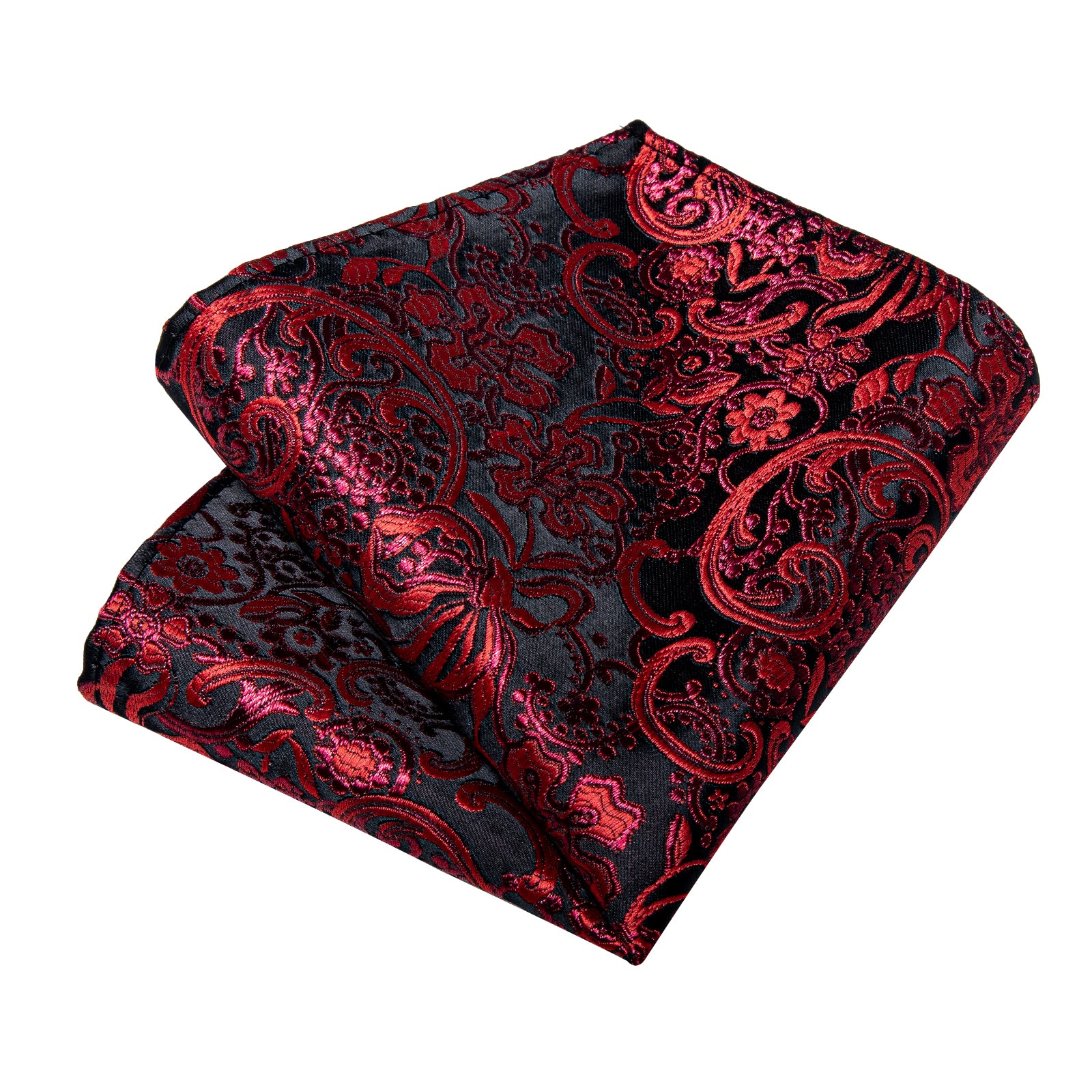 Black Red Floral Men's Tie Handkerchief Cufflinks Clip Set