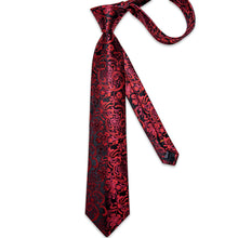 Black Red Floral Men's Tie Handkerchief Cufflinks Clip Set