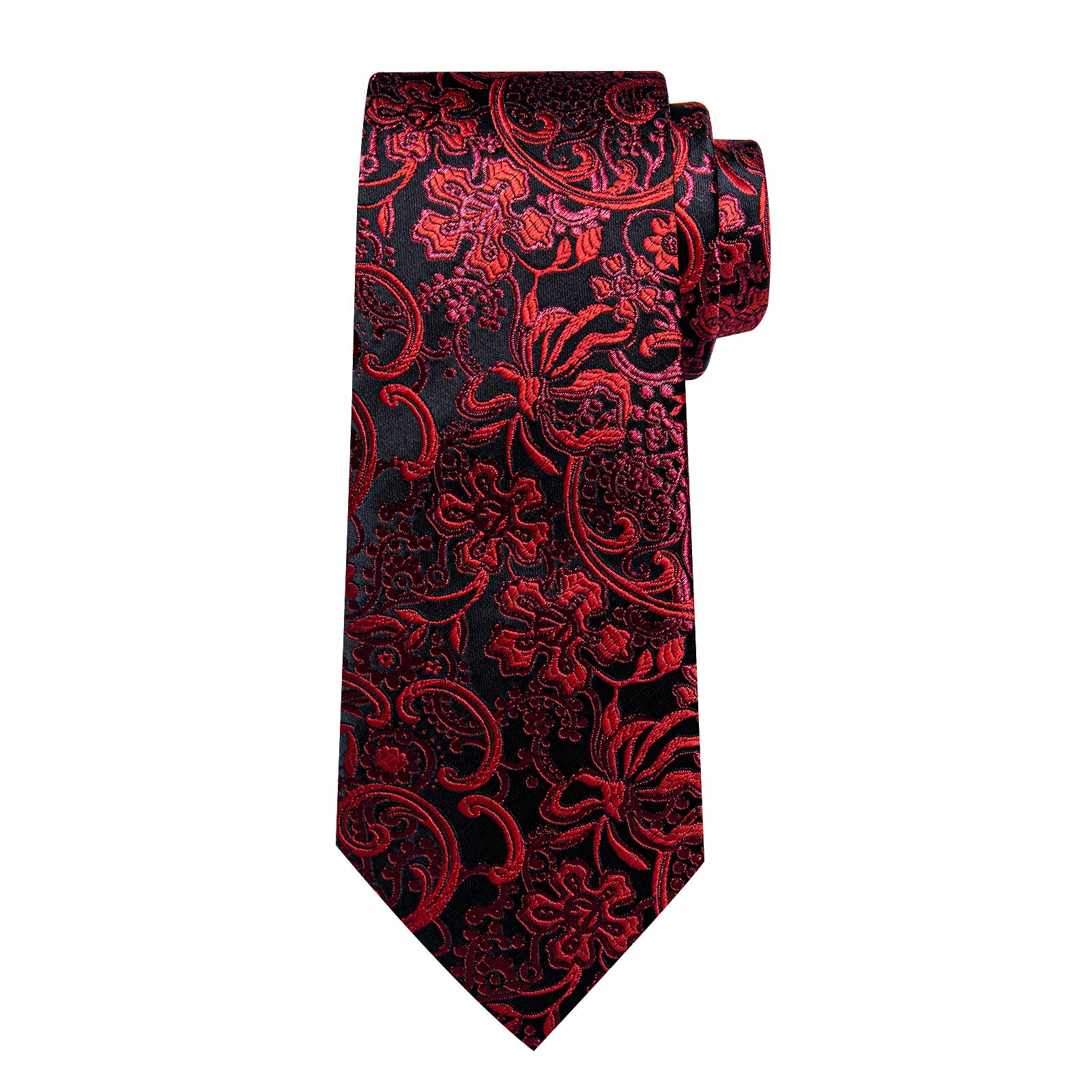 Black Red Floral Men's Tie Handkerchief Cufflinks Clip Set