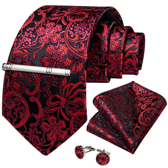 Black Red Floral Men's Tie Handkerchief Cufflinks Clip Set