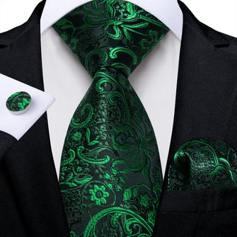 Green Floral Men's Tie Handkerchief Cufflinks Set