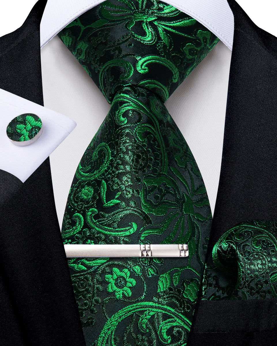 Black Green Floral Men's Tie Handkerchief Cufflinks Clip Set
