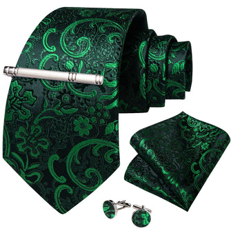 Black Green Floral Men's Tie Handkerchief Cufflinks Clip Set
