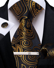 Black Goden Floral Men's Tie Handkerchief Cufflinks Clip Set