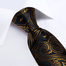 Black Golden Floral Men's Tie Pocket Square Cufflinks Set