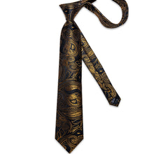 Black Goden Floral Men's Tie Handkerchief Cufflinks Clip Set