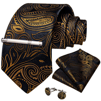 Black Goden Floral Men's Tie Handkerchief Cufflinks Clip Set