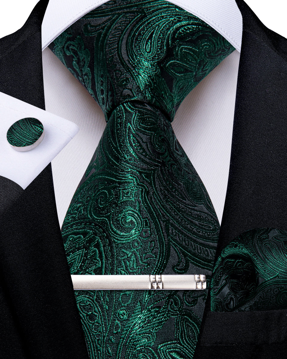 Black Green Floral Men's Tie Handkerchief Cufflinks Clip Set