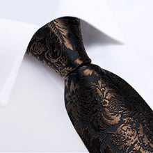 Black Dark Golden Floral Men's Tie Handkerchief Cufflinks Clip Set