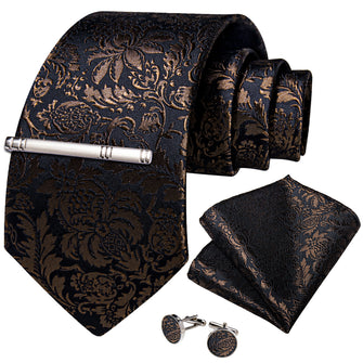 Black Dark Golden Floral Men's Tie Handkerchief Cufflinks Clip Set