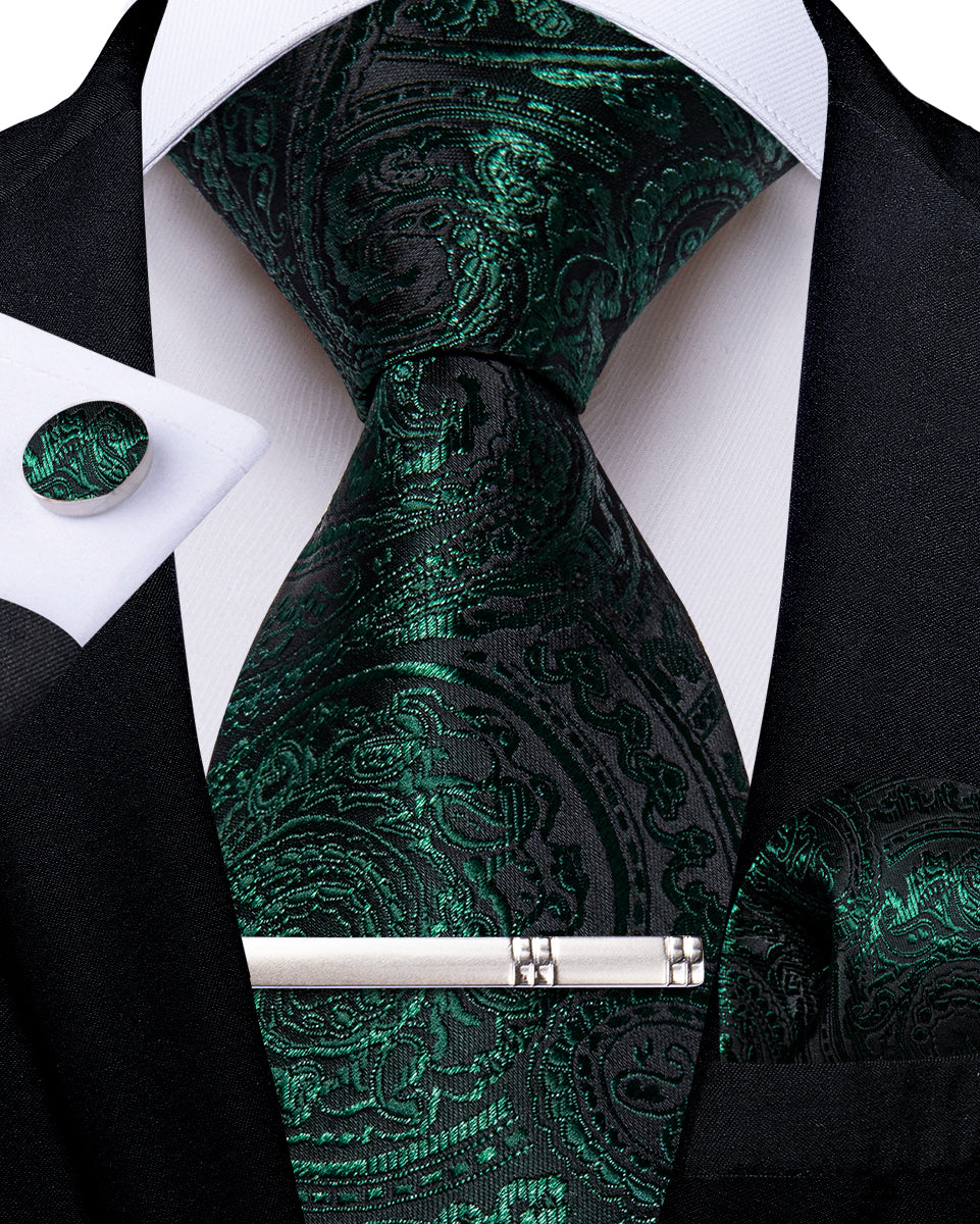 Black Green Floral Men's Tie Handkerchief Cufflinks Clip Set