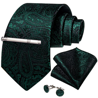 Black Green Floral Men's Tie Handkerchief Cufflinks Clip Set