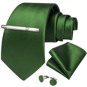 Green Solid Men's Tie Handkerchief Cufflinks Clip Set