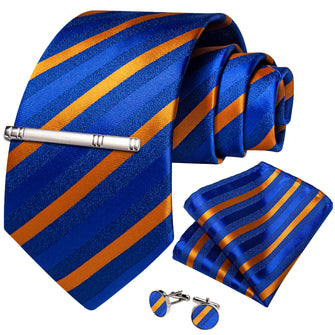 Blue Orange Striped Men's Tie Handkerchief Cufflinks Clip Set