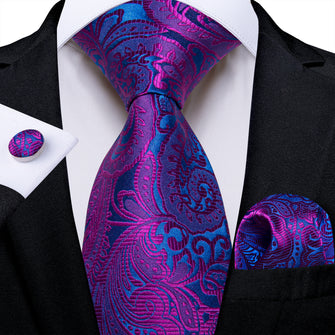Blue Pink Floral Men's Tie Pocket Square Cufflinks Set