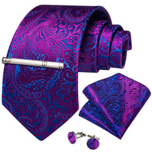 Blue Pink Floral Men's Tie Handkerchief Cufflinks Clip Set