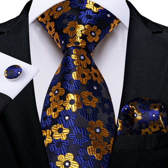 Black Blue Golden Floral Men's Tie Pocket Square Cufflinks Set