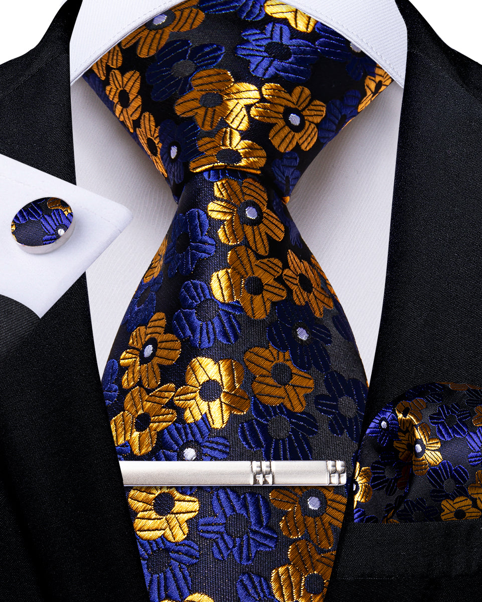 Black Blue Golden Floral Men's Tie Handkerchief Cufflinks Clip Set