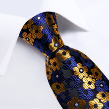 Black Blue Golden Floral Men's Tie Pocket Square Cufflinks Set