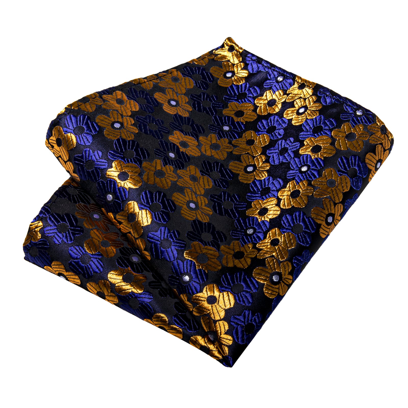 Black Blue Golden Floral Men's Tie Handkerchief Cufflinks Clip Set