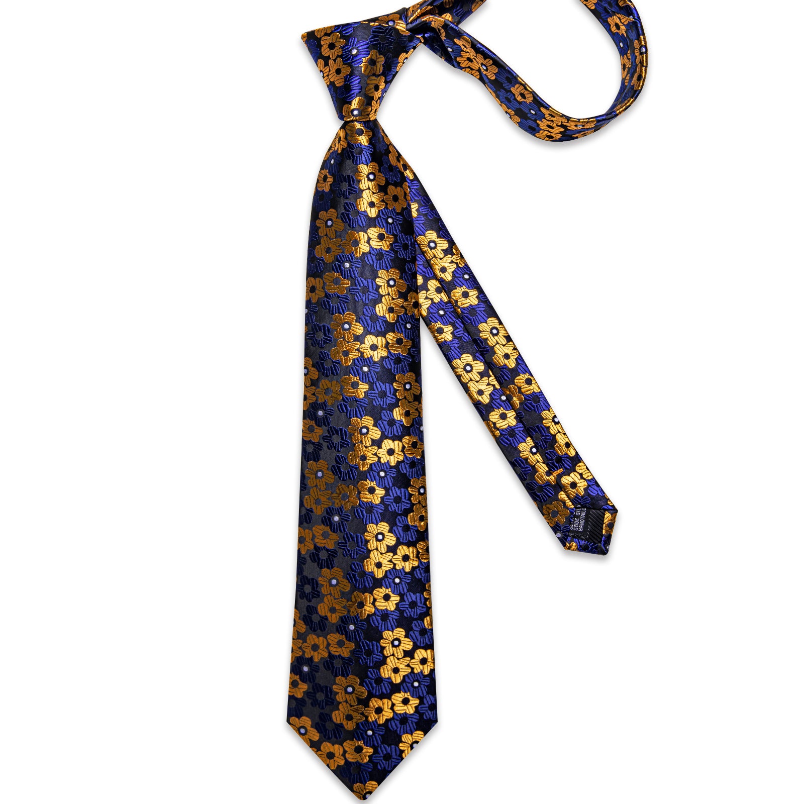 Black Blue Golden Floral Men's Tie Handkerchief Cufflinks Clip Set