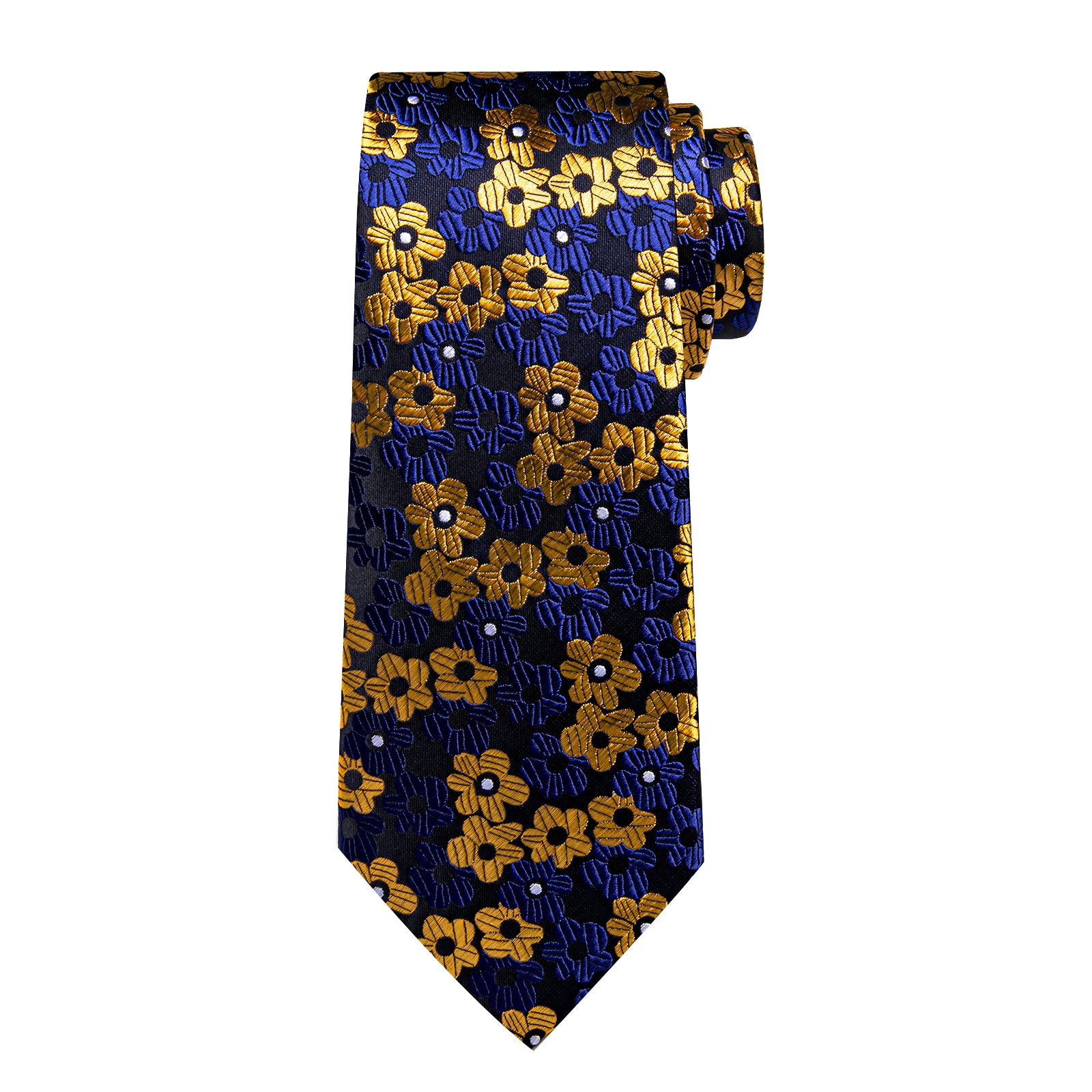 Black Blue Golden Floral Men's Tie Handkerchief Cufflinks Clip Set
