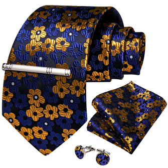 Black Blue Golden Floral Men's Tie Handkerchief Cufflinks Clip Set