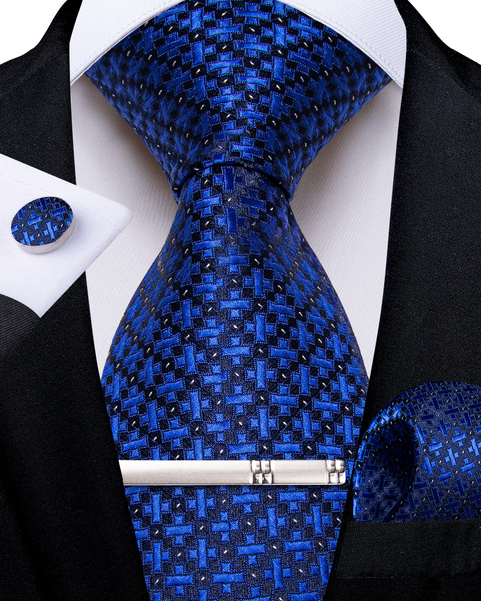 Blue Plaid Men's Tie Handkerchief Cufflinks Clip Set