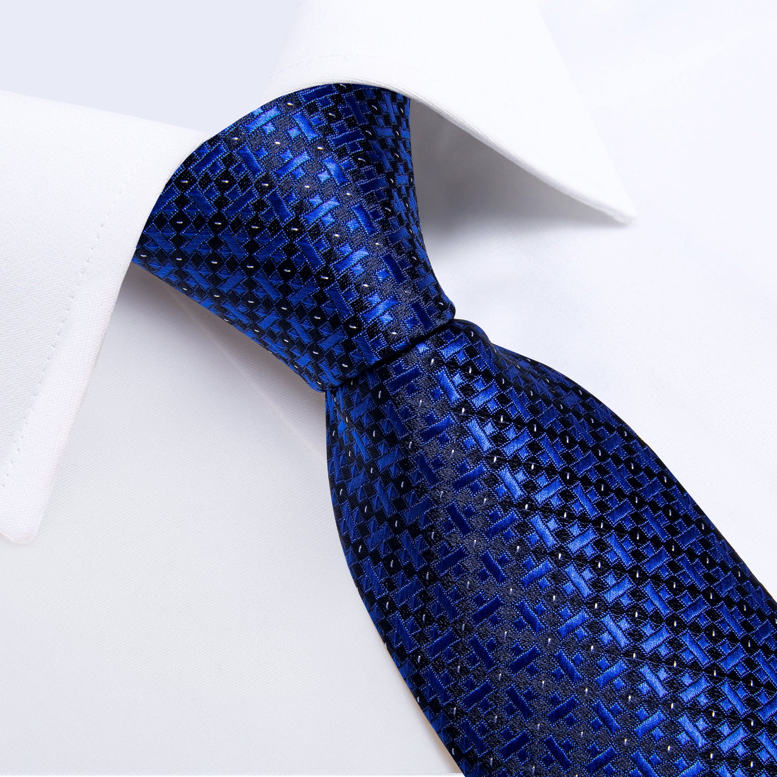 Blue Plaid Men's Tie Handkerchief Cufflinks Clip Set