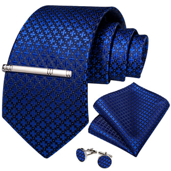 Blue Plaid Men's Tie Handkerchief Cufflinks Clip Set